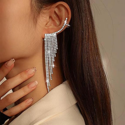 Glamorous Rhinestone Tassel Ear Cuff Earrings