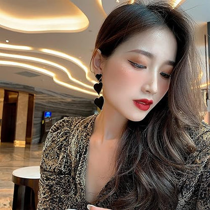 Bold Black Triple Heart Dangle Earrings