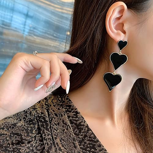 Bold Black Triple Heart Dangle Earrings