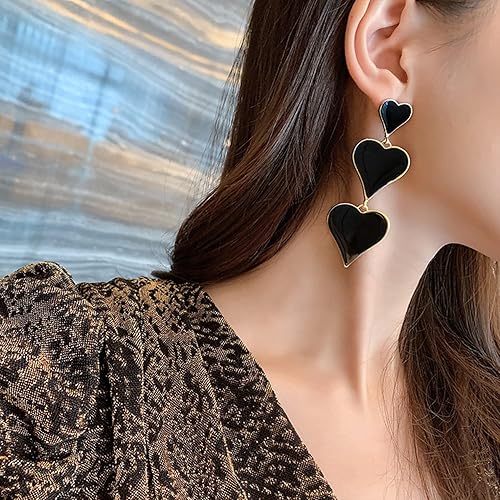 Bold Black Triple Heart Dangle Earrings