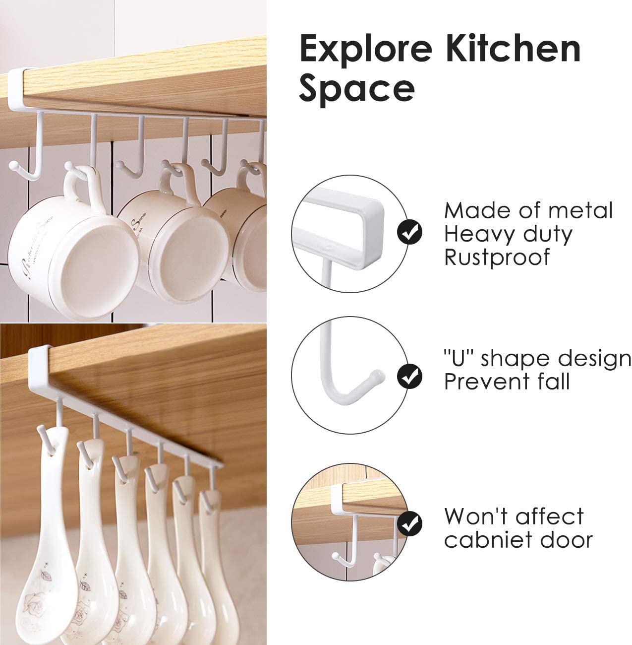 Under Shelf Hanging Hooks Organizer Rack | Kitchen Cup & Utensil Holder