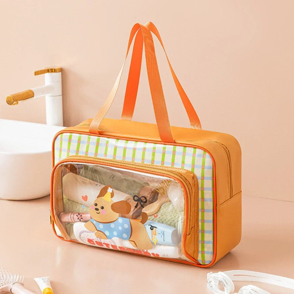 Large Waterproof Travel Duffel Bag | Cute Cartoon Storage Tote with Transparent Pocket | Random Color